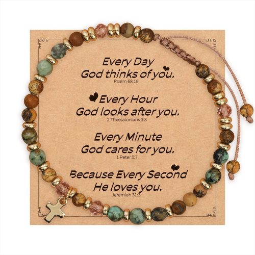 Waxed cord woven cross and semi-precious stone bracelet